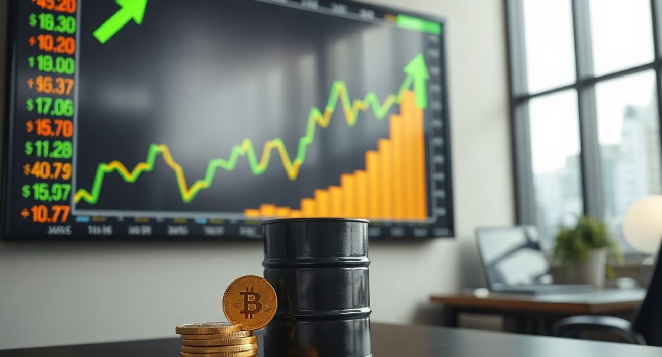 Stock market board with green arrows, gold coin and oil barrel on desk