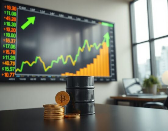Stock market board with green arrows, gold coin and oil barrel on desk