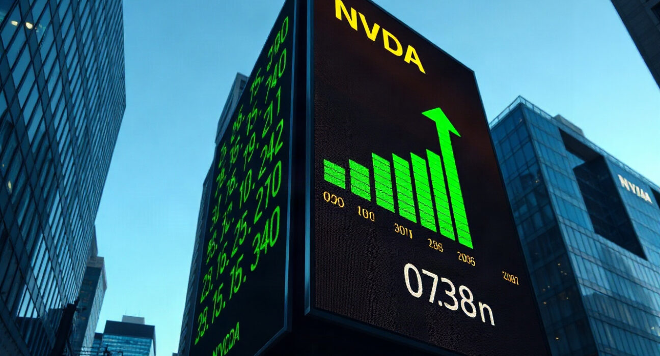 Stock market ticker board showing NVDA stock price increase