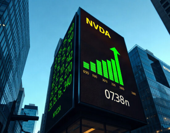 Stock market ticker board showing NVDA stock price increase