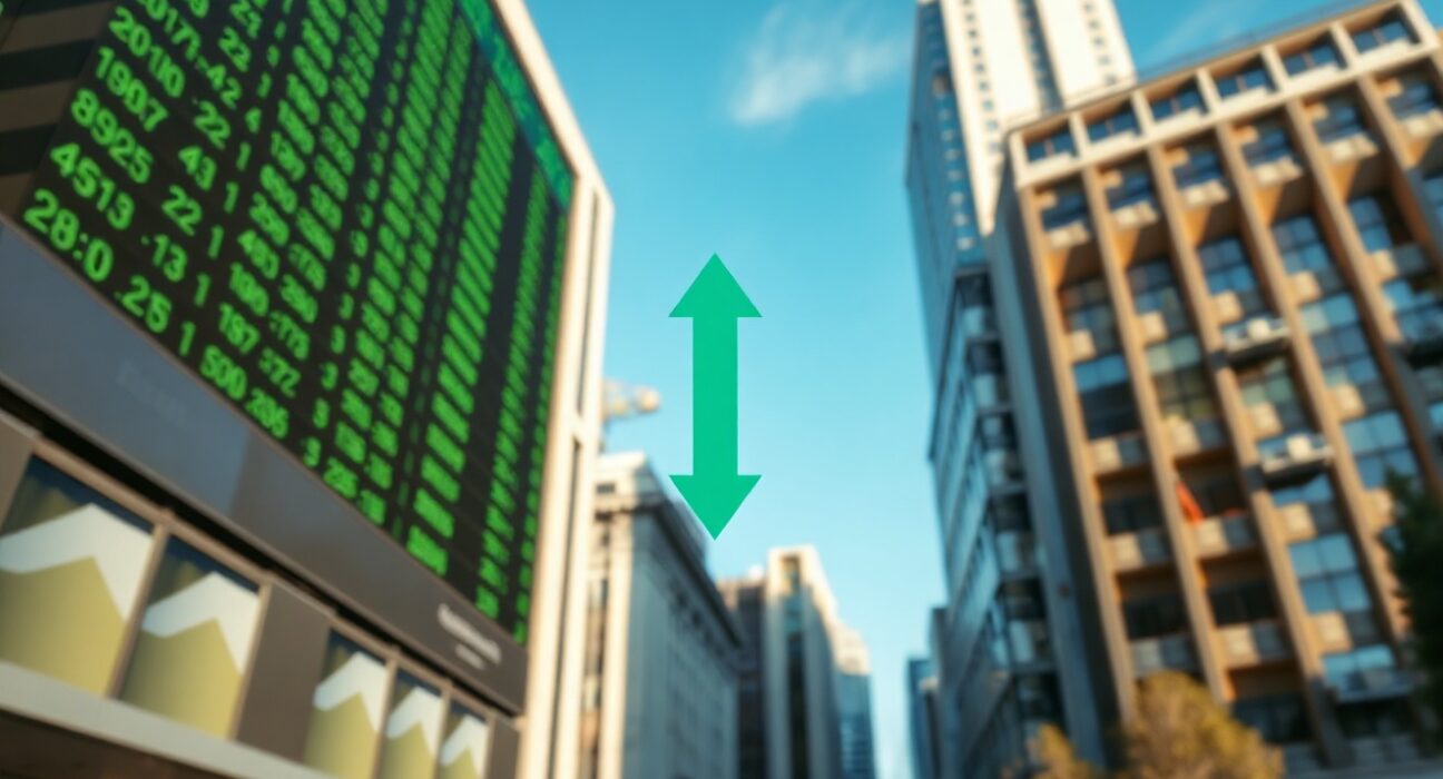 Stock market chart showing record highs with oil price drop indicator