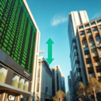 Stock market chart showing record highs with oil price drop indicator