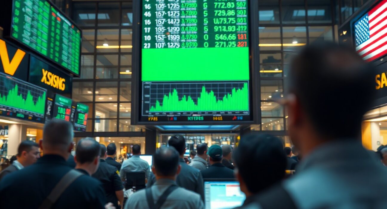 Stock market display showing green upward trends during a rally
