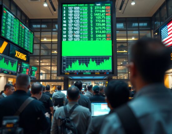 Stock market display showing green upward trends during a rally