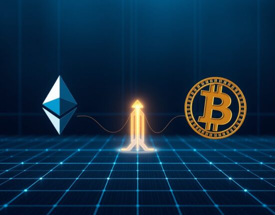 Digital visualization of stolen KelpDAO funds crossing from Ethereum to Bitcoin blockchain networks