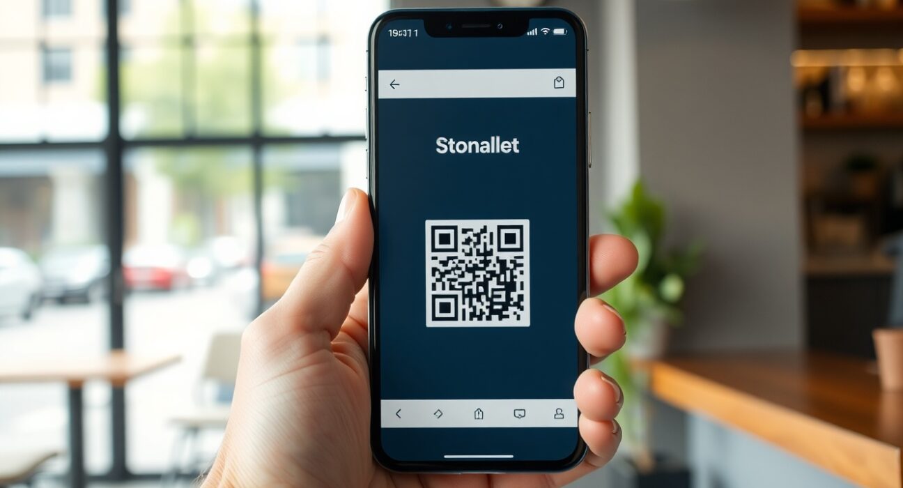 Stone Wallet app QR code payment service in use for mobile transactions.