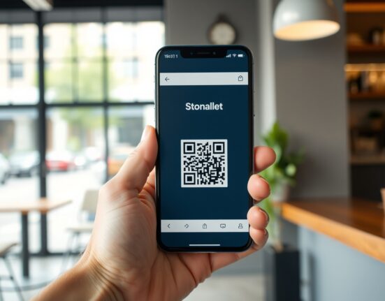 Stone Wallet app QR code payment service in use for mobile transactions.