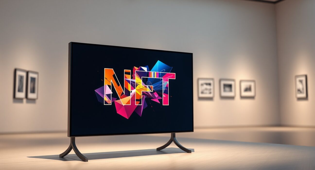 StonkBrokers NFT artwork displayed on a digital screen in a modern gallery