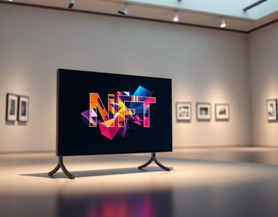 StonkBrokers NFT artwork displayed on a digital screen in a modern gallery