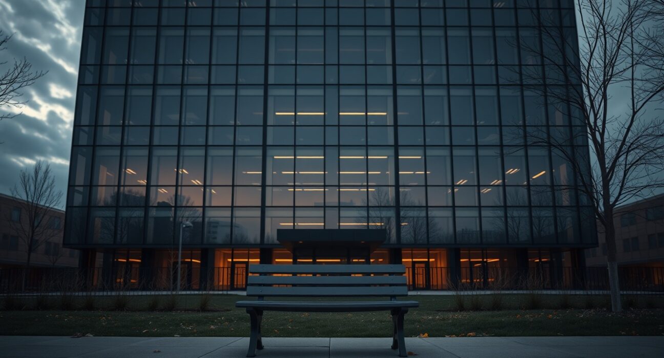 Exterior of a modern office building at dusk with cloudy sky, representing Storj's bankruptcy filing