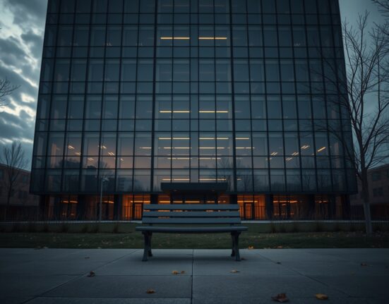 Exterior of a modern office building at dusk with cloudy sky, representing Storj's bankruptcy filing