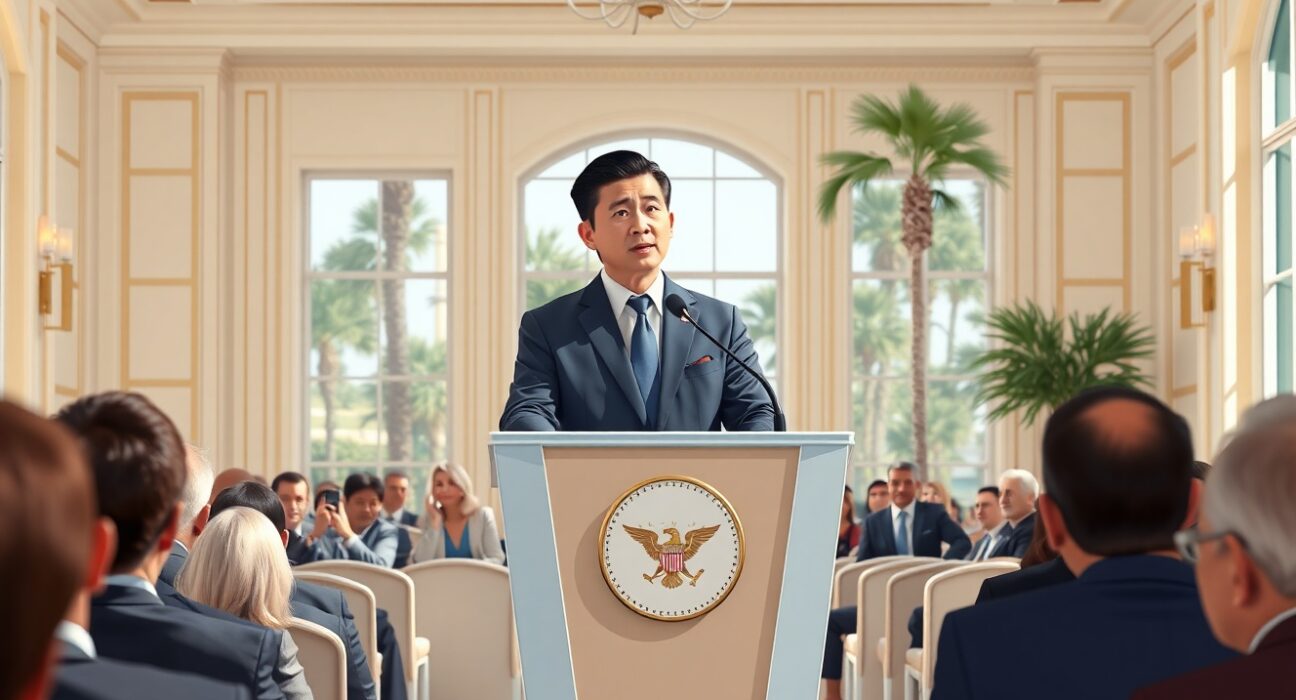 Story Protocol CEO Jason Lee speaking at Trump memecoin Global Leadership Conference