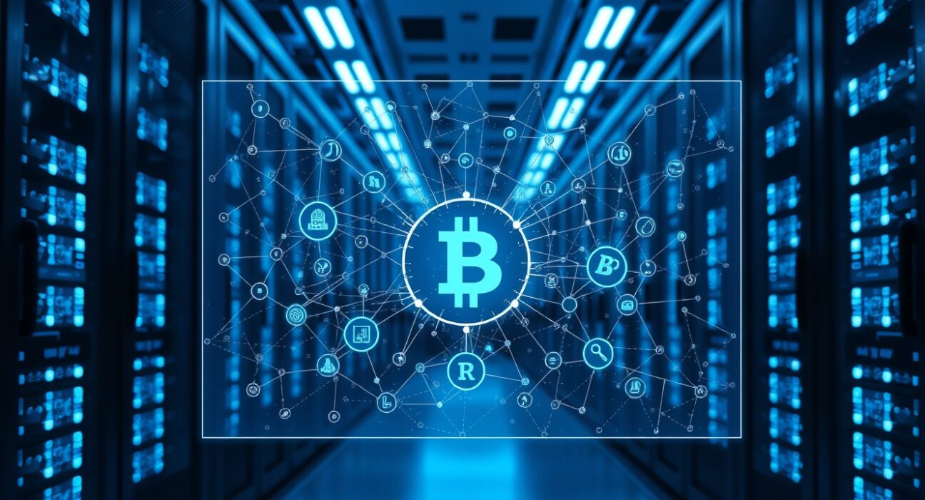 Holographic data network display in a modern data center, representing blockchain-based AI training data infrastructure
