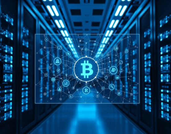 Holographic data network display in a modern data center, representing blockchain-based AI training data infrastructure
