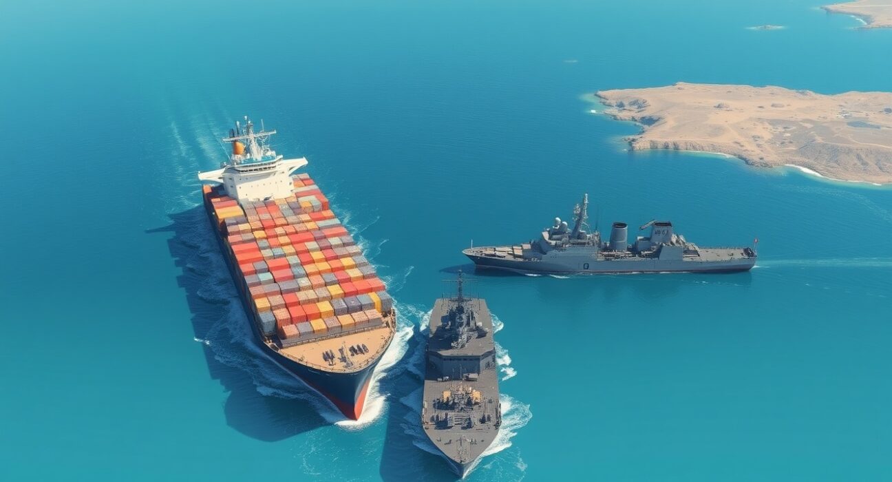 Strategic Strait of Hormuz blockade impacting global oil shipping and Iran deal negotiations.