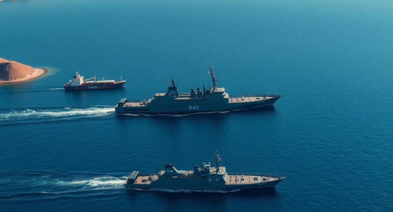 Iran Revolutionary Guard naval vessel blocking the Strait of Hormuz shipping lane.