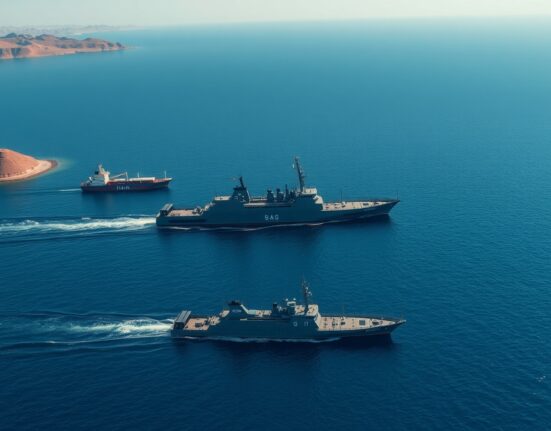 Iran Revolutionary Guard naval vessel blocking the Strait of Hormuz shipping lane.