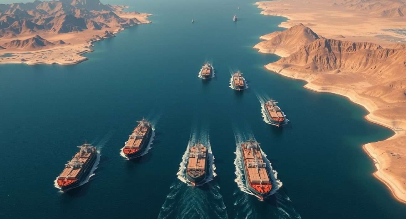 Strategic Strait of Hormuz waterway with oil tankers illustrating Iran's geopolitical pressure point.