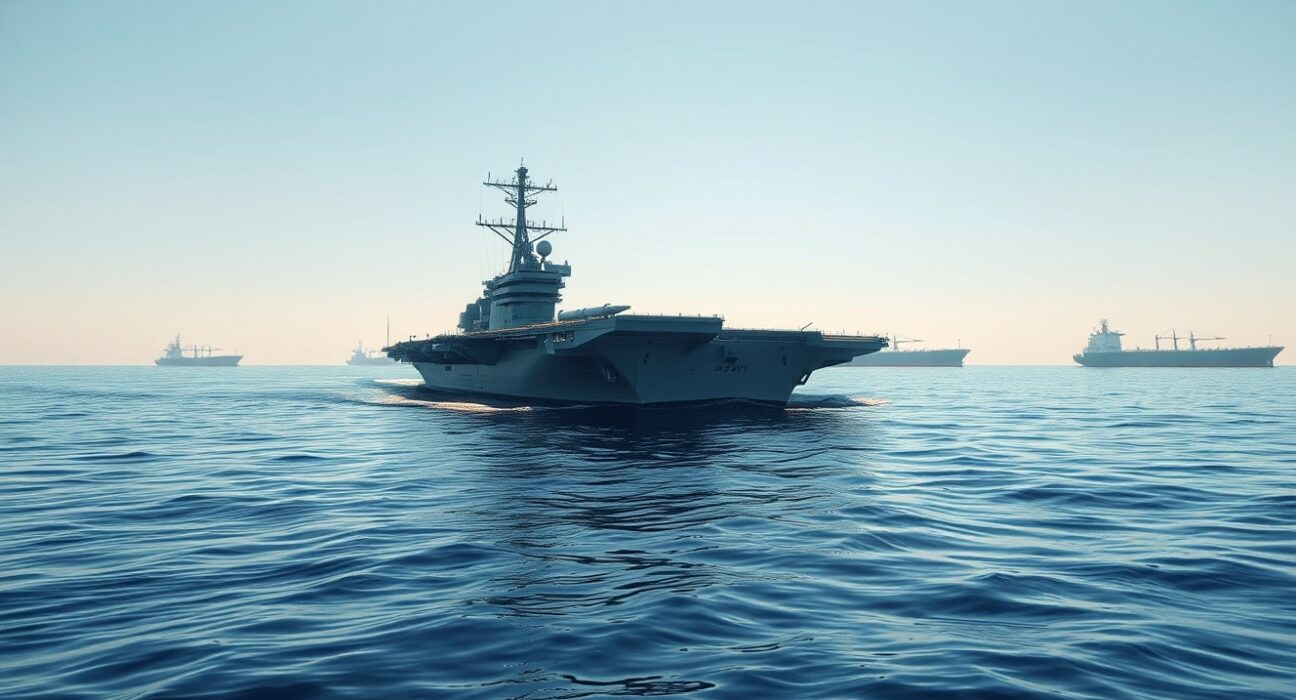 US Navy aircraft carrier patrolling the Strait of Hormuz, symbolizing US control over the strategic waterway.