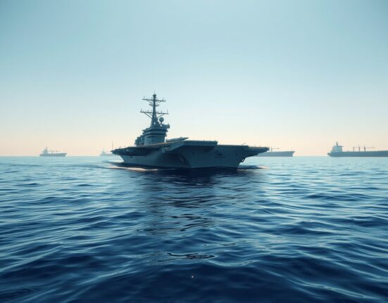 US Navy aircraft carrier patrolling the Strait of Hormuz, symbolizing US control over the strategic waterway.