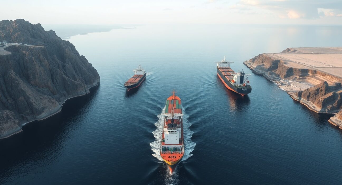 Oil tanker navigating the strategic Strait of Hormuz shipping channel during reopening.