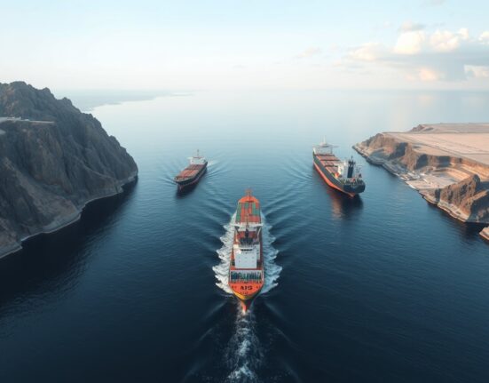Oil tanker navigating the strategic Strait of Hormuz shipping channel during reopening.