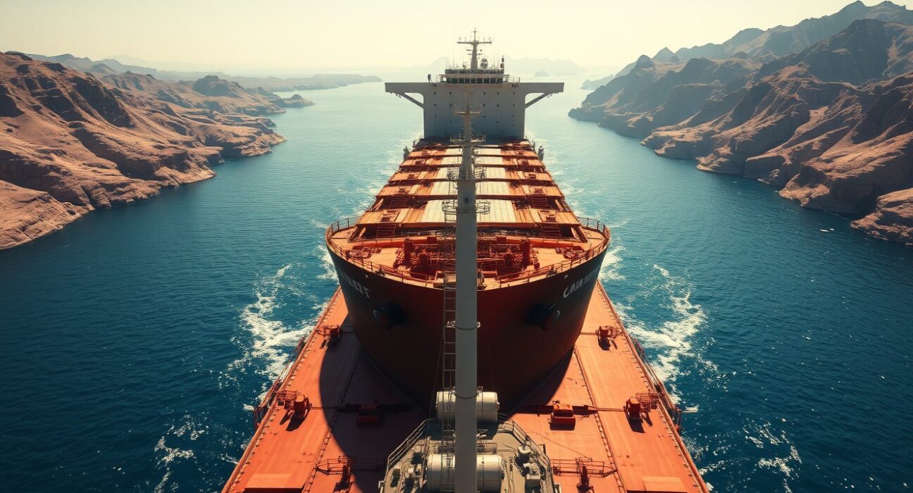 Oil tanker in the Strait of Hormuz illustrating the global energy supply chokepoint.