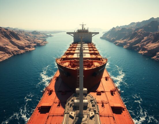 Oil tanker in the Strait of Hormuz illustrating the global energy supply chokepoint.