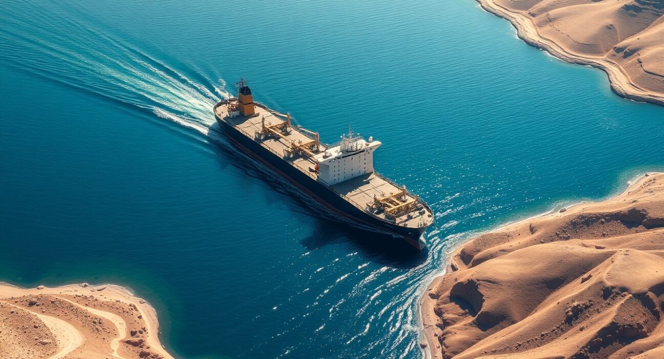 Oil tanker navigating the strategic Strait of Hormuz shipping lane under Iran's new passage requirements.