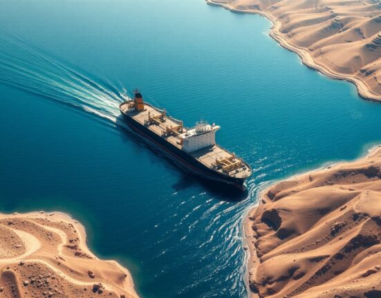 Oil tanker navigating the strategic Strait of Hormuz shipping lane under Iran's new passage requirements.