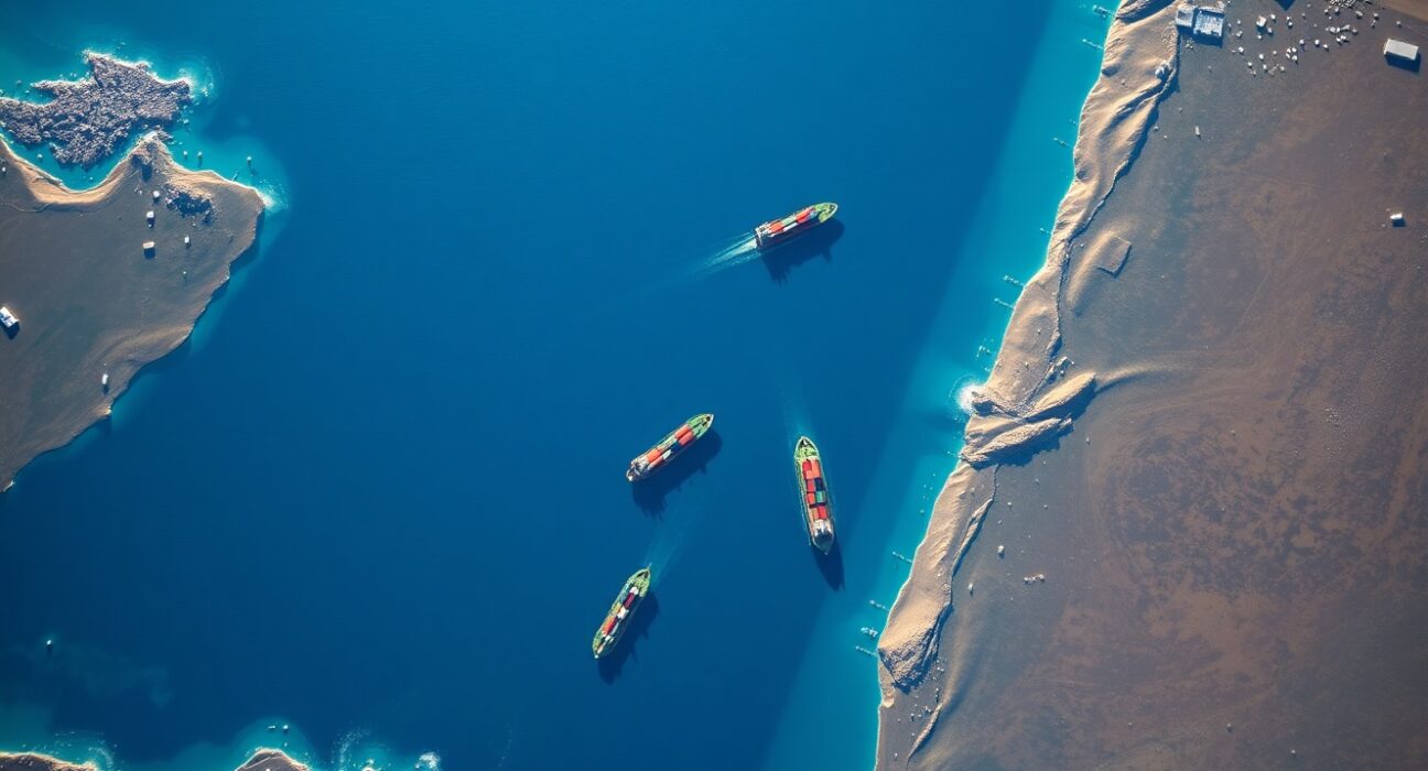 Strategic Strait of Hormuz waterway showing maritime traffic and geopolitical importance for global energy security.