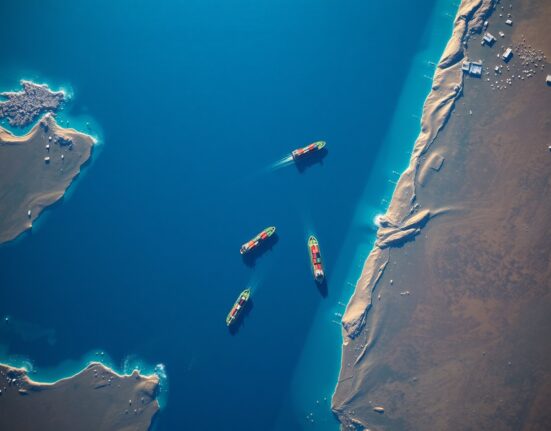 Strategic Strait of Hormuz waterway showing maritime traffic and geopolitical importance for global energy security.
