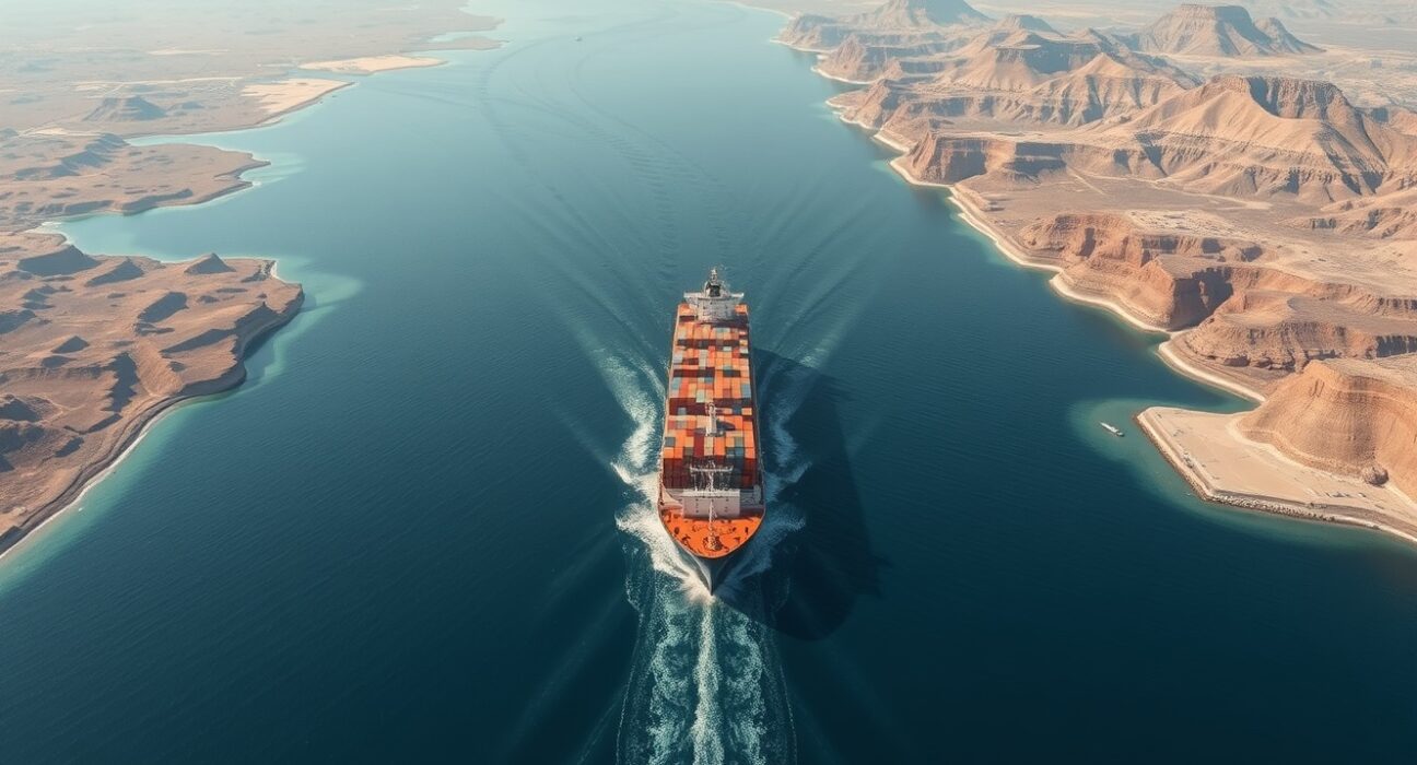 Strategic aerial view of the Strait of Hormuz waterway showing its narrow geography and importance for global shipping.