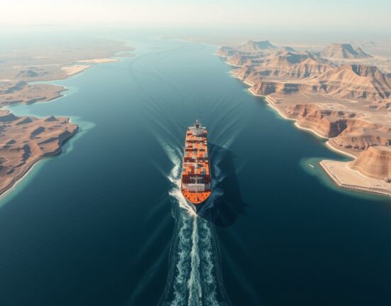 Strategic aerial view of the Strait of Hormuz waterway showing its narrow geography and importance for global shipping.