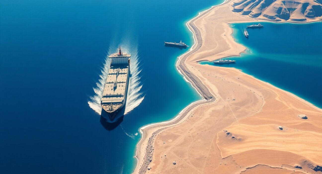Oil tanker navigating the strategic Strait of Hormuz waterway during potential reopening negotiations.