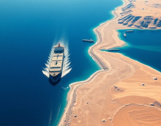 Oil tanker navigating the strategic Strait of Hormuz waterway during potential reopening negotiations.