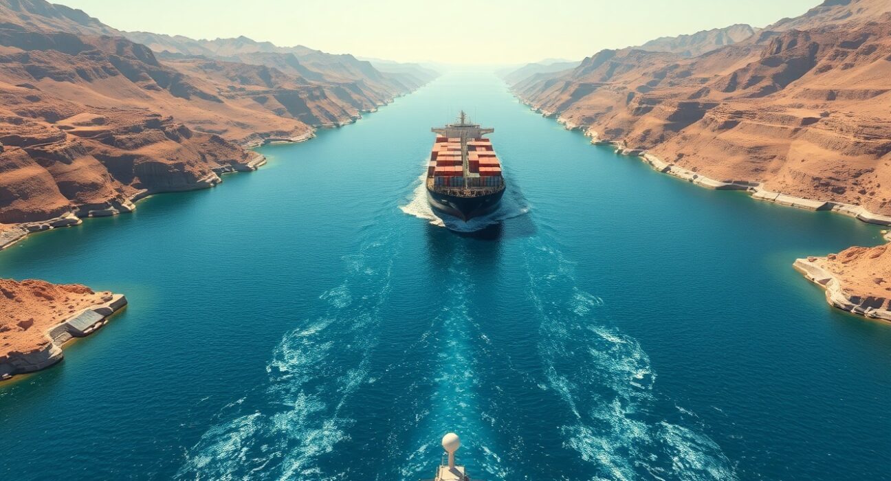 Strategic Strait of Hormuz waterway showing maritime traffic and geopolitical importance for global oil shipments.