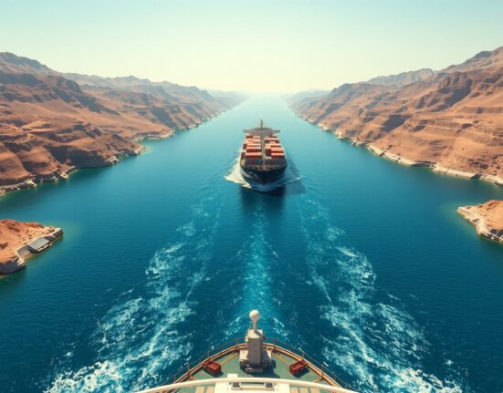 Strategic Strait of Hormuz waterway showing maritime traffic and geopolitical importance for global oil shipments.