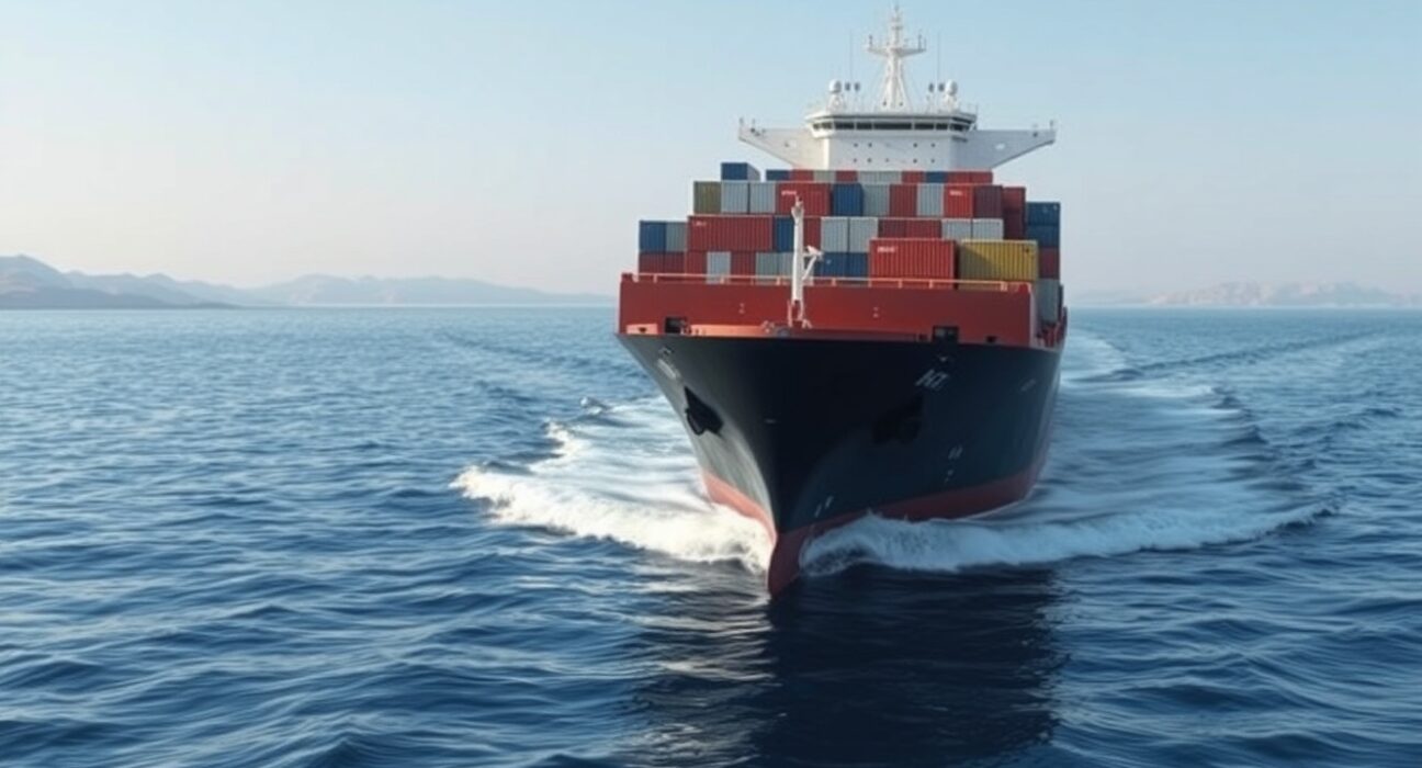 Merchant ship transiting the reopened Strait of Hormuz, a vital channel for global oil trade.