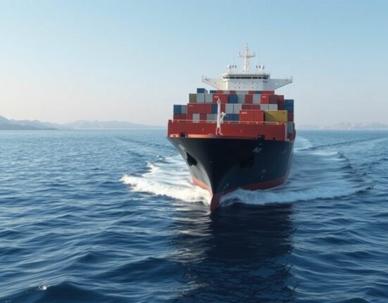 Merchant ship transiting the reopened Strait of Hormuz, a vital channel for global oil trade.