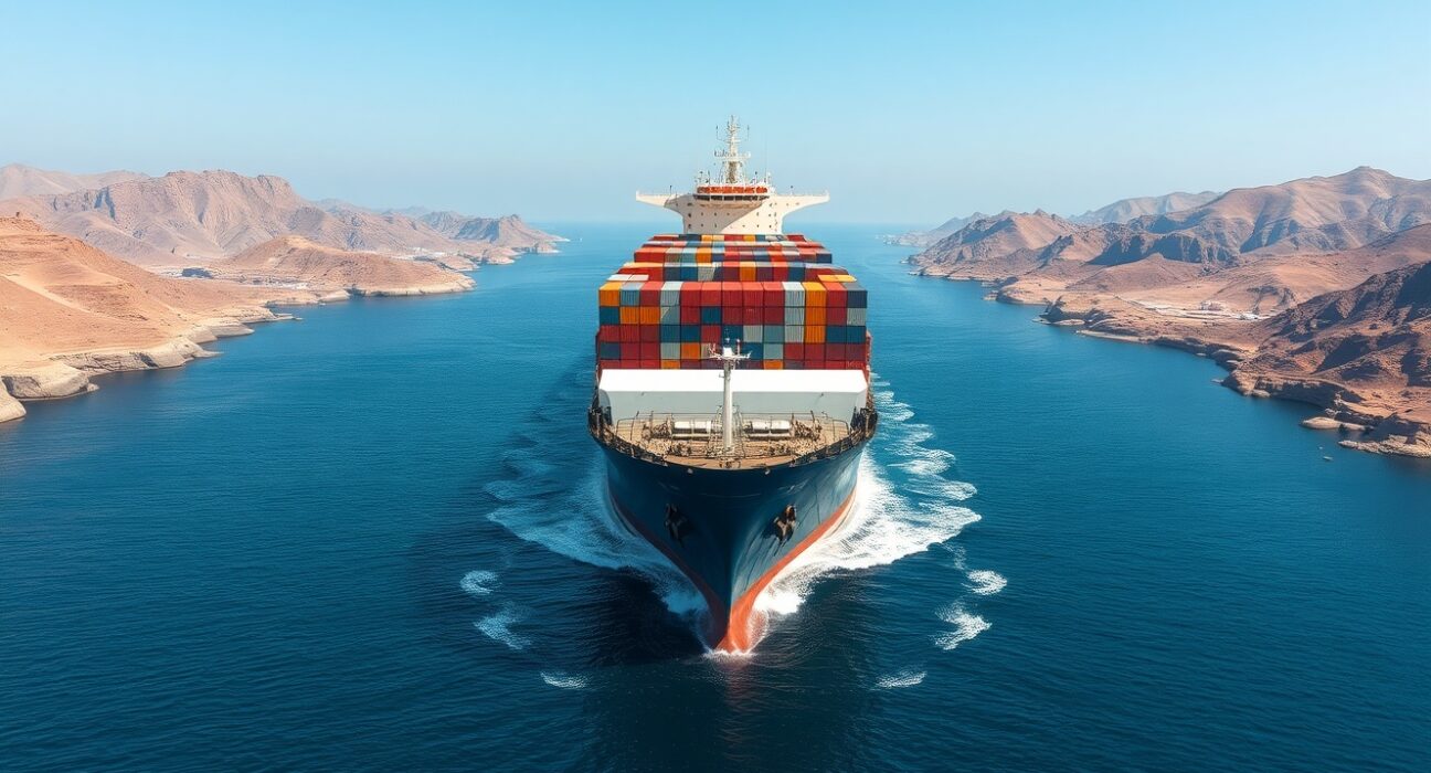 Container ship navigating the strategic Strait of Hormuz waterway amid international security concerns.