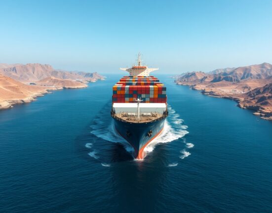 Container ship navigating the strategic Strait of Hormuz waterway amid international security concerns.