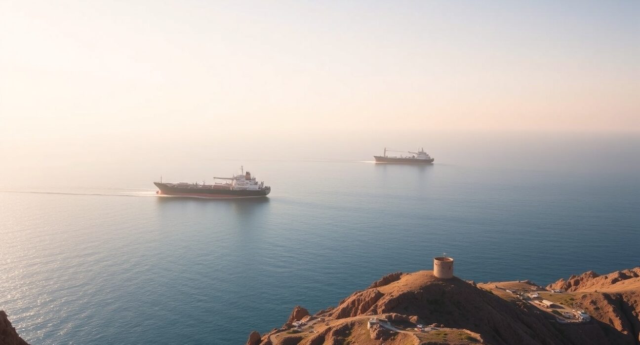 Strait of Hormuz security: Cargo ships and oil tankers navigate the strategic waterway near Iran's coastline.