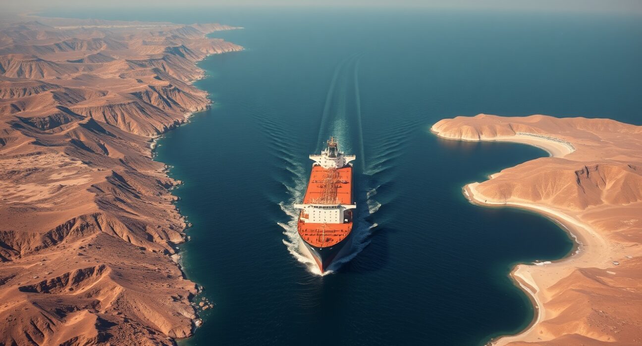 Oil tanker navigating the strategic Strait of Hormuz waterway between Iran and Oman