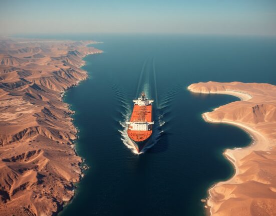 Oil tanker navigating the strategic Strait of Hormuz waterway between Iran and Oman