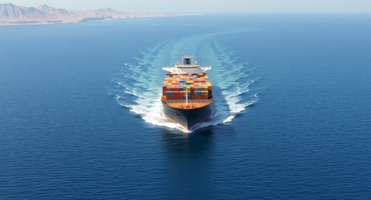 A container ship turning around in the Strait of Hormuz during a major shipping disruption.