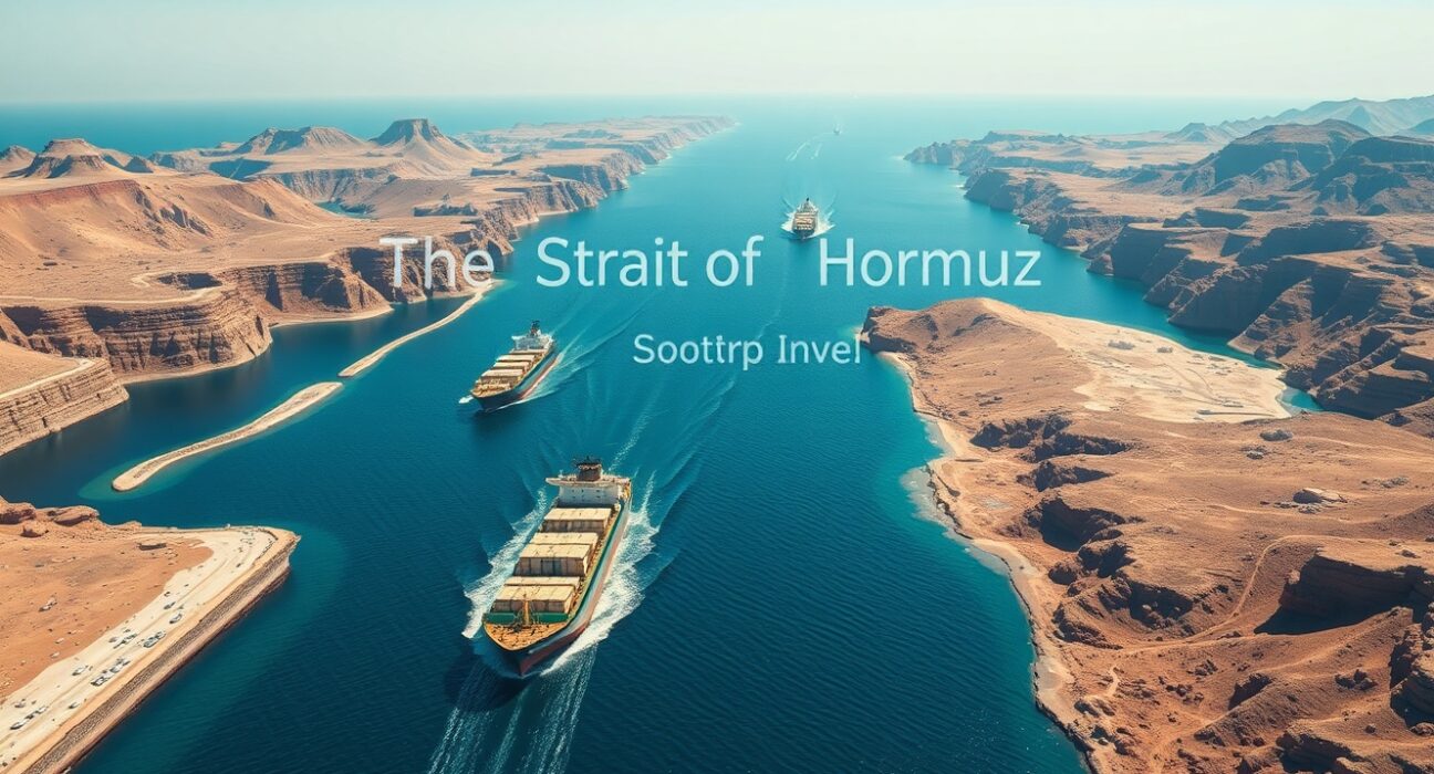 Strategic Strait of Hormuz waterway with oil tankers, central to global energy security and Trump's policy statements.