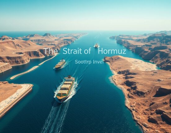 Strategic Strait of Hormuz waterway with oil tankers, central to global energy security and Trump's policy statements.