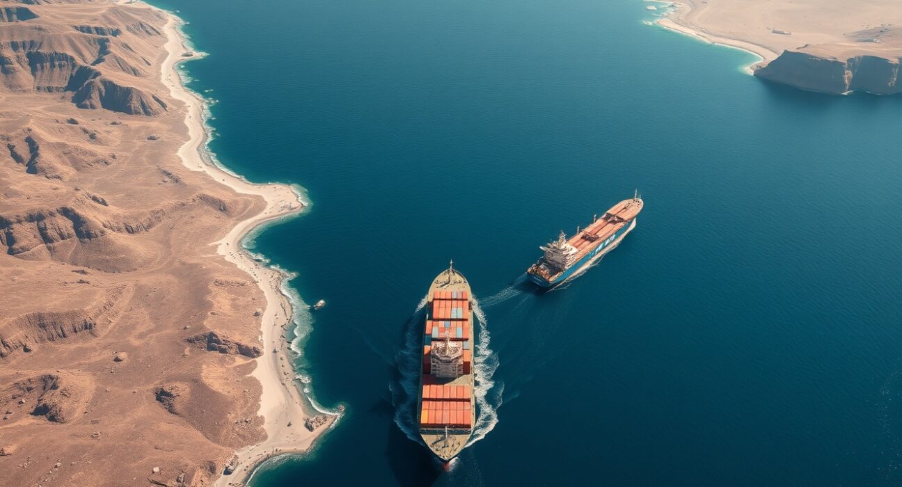 Strategic Strait of Hormuz shipping lane with oil tankers under potential Trump deal.