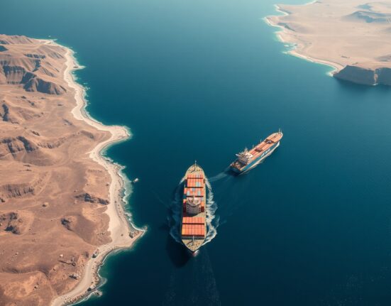 Strategic Strait of Hormuz shipping lane with oil tankers under potential Trump deal.